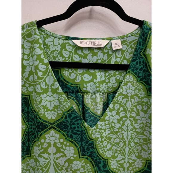 Beautiful By Lawrence Zarian Womens BOHO Blouse Size 1X Green Printed 3/4 Sleeve - Picture 2 of 8